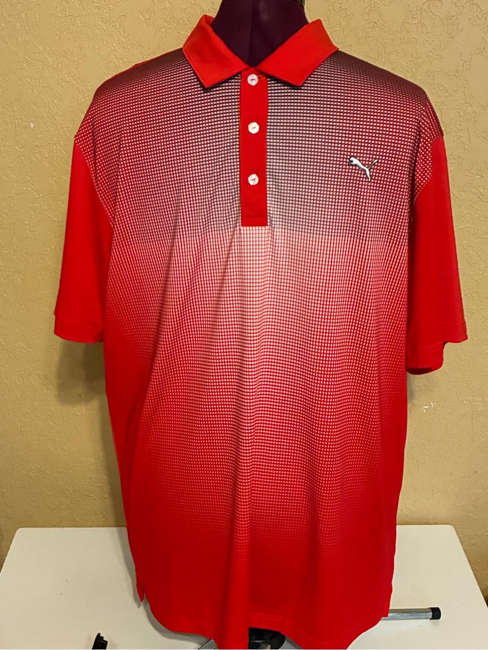 Puma Men's golf Red Gradient Polo Shirt with White Embroidered Logo-Large